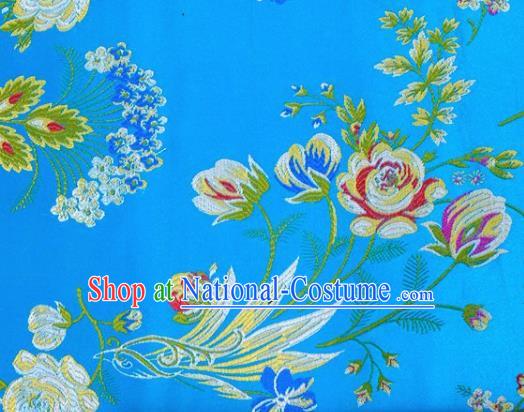 Asian Chinese Fabric Blue Satin Classical Flowers Bird Pattern Design Brocade Traditional Drapery Silk Material