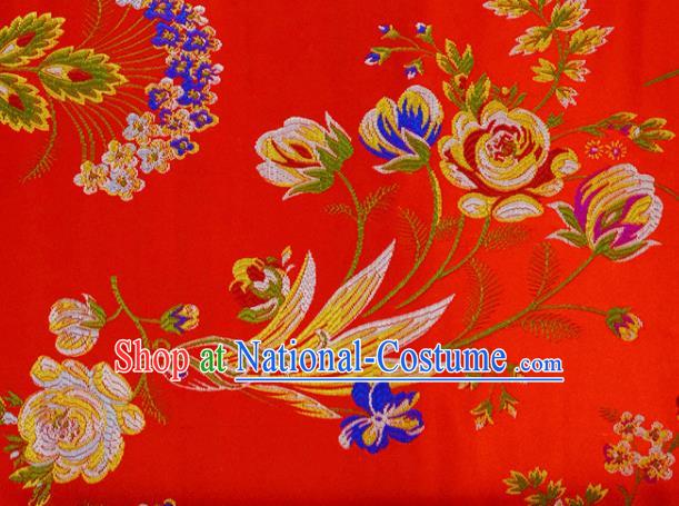 Asian Chinese Fabric Red Satin Classical Flowers Bird Pattern Design Brocade Traditional Drapery Silk Material