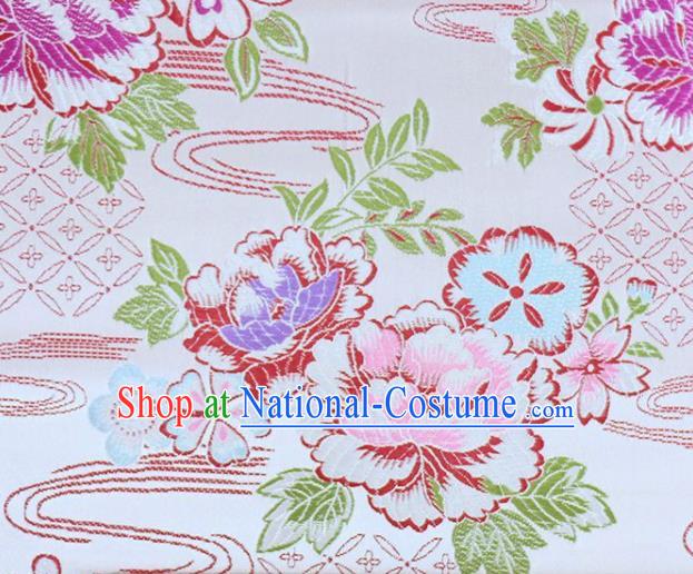 Asian Chinese Fabric White Satin Classical Peony Pattern Design Brocade Traditional Drapery Silk Material