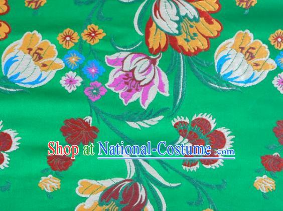 Asian Chinese Fabric Green Satin Classical Tulip Pattern Design Brocade Traditional Drapery Silk Material