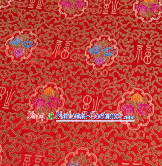 Asian Chinese Classical Lucky Peach Pattern Design Red Satin Fabric Brocade Traditional Drapery Silk Material