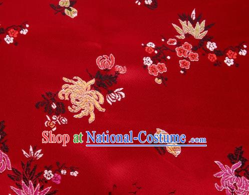 Asian Chinese Classical Peony Chrysanthemum Pattern Design Red Satin Fabric Brocade Traditional Drapery Silk Material