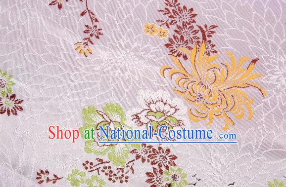 Asian Chinese Classical Peony Chrysanthemum Pattern Design White Satin Fabric Brocade Traditional Drapery Silk Material