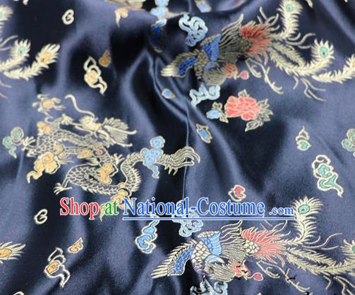 Asian Chinese Classical Dragon Phoenix Pattern Design Black Satin Fabric Brocade Traditional Drapery Silk Material