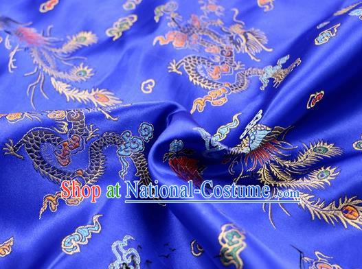 Asian Chinese Classical Dragon Phoenix Pattern Design Royalblue Satin Fabric Brocade Traditional Drapery Silk Material