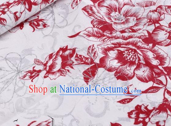 Asian Chinese Classical Red Peony Pattern Design Satin Fabric Brocade Traditional Drapery Silk Material