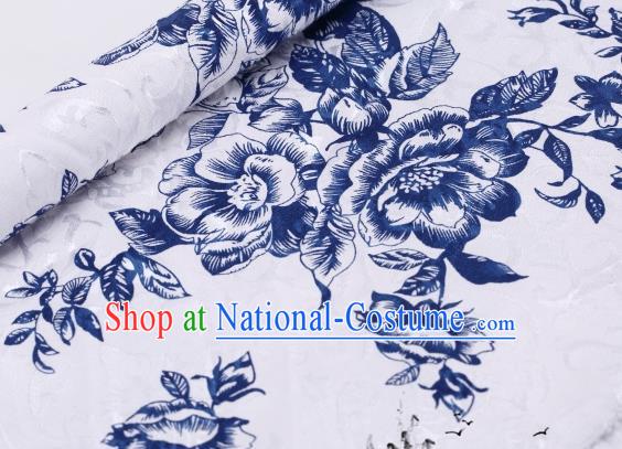 Asian Chinese Classical Blue Peony Pattern Design Satin Fabric Brocade Traditional Drapery Silk Material