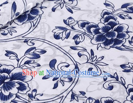 Asian Chinese Classical Blue Flowers Pattern Design Satin Fabric Brocade Traditional Drapery Silk Material