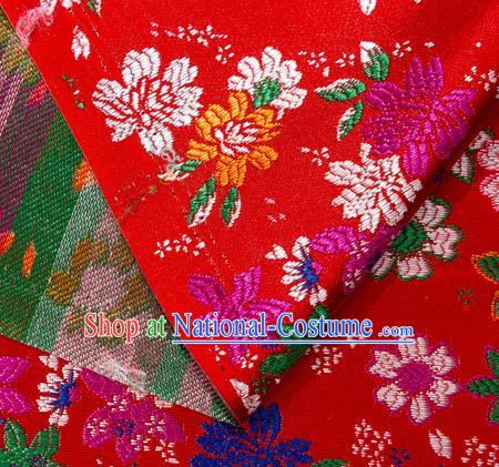 Asian Japanese Kimono Fabric Classical Flowers Pattern Design Red Brocade Traditional Drapery Silk Material