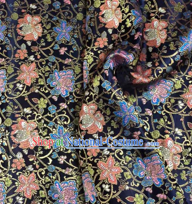 Asian Japanese Kimono Fabric Classical Tang Flowers Pattern Design Black Brocade Traditional Drapery Silk Material