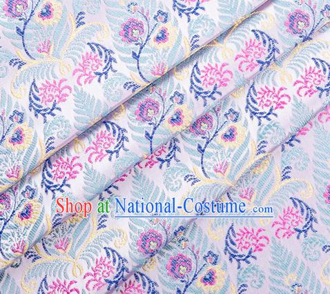 Asian Chinese Classical Cycas Flowers Pattern Design White Satin Fabric Brocade Traditional Drapery Silk Material