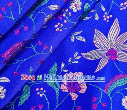 Asian Chinese Classical Embroidered Flowers Pattern Design Royalblue Satin Fabric Brocade Traditional Drapery Silk Material