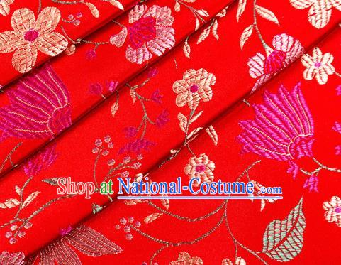 Asian Chinese Classical Embroidered Flowers Pattern Design Red Satin Fabric Brocade Traditional Drapery Silk Material