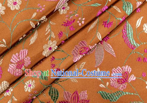 Asian Chinese Classical Embroidered Flowers Pattern Design Bronze Satin Fabric Brocade Traditional Drapery Silk Material