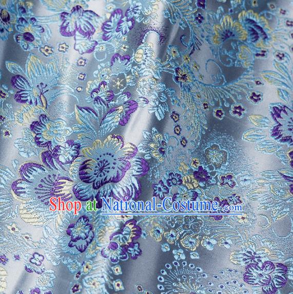 Asian Chinese Classical Flowers Pattern Design Blue Satin Fabric Brocade Traditional Drapery Silk Material