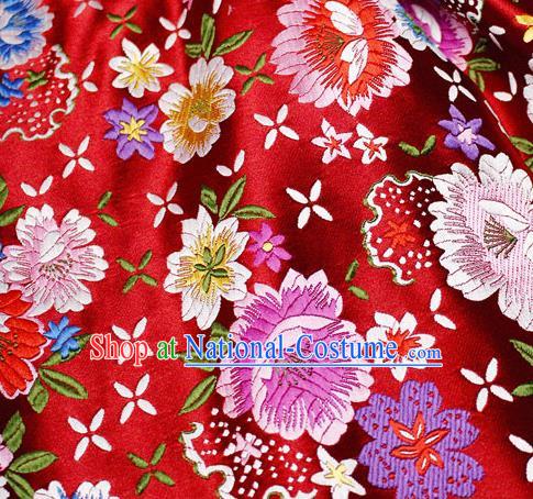 Asian Chinese Classical Peony Pattern Design Red Satin Fabric Brocade Traditional Drapery Silk Material