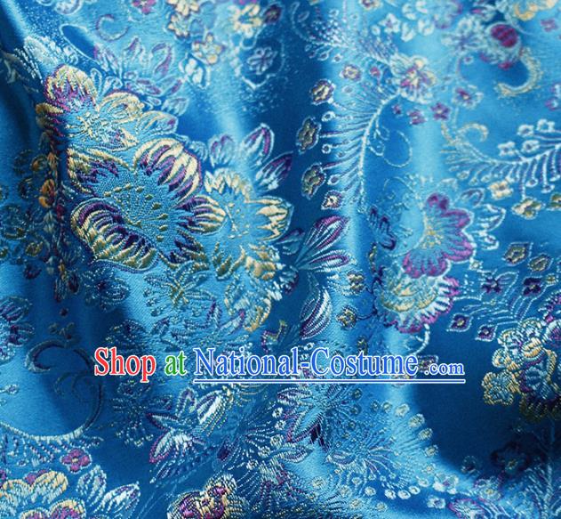 Asian Chinese Classical Flowers Pattern Design Lake Blue Satin Fabric Brocade Traditional Drapery Silk Material