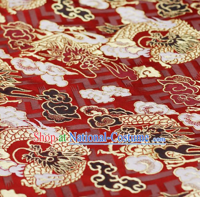 Asian Japanese Kimono Red Satin Fabric Classical Cloud Dragon Pattern Design Brocade Traditional Drapery Silk Material