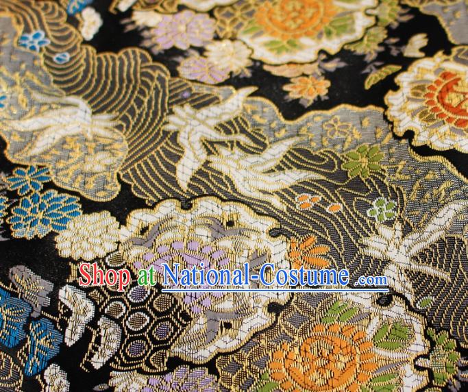 Asian Japanese Kimono Satin Fabric Classical Sunflowers Pattern Design Black Brocade Damask Traditional Drapery Silk Material