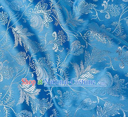 Chinese Classical Leaf Pattern Design Blue Satin Fabric Brocade Asian Traditional Drapery Silk Material