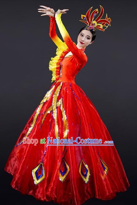 Chinese Modern Dance Red Dress Opening Dance Stage Performance Costume for Women