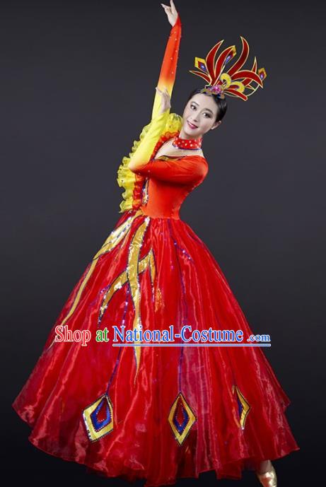 Chinese Modern Dance Red Dress Opening Dance Stage Performance Costume for Women