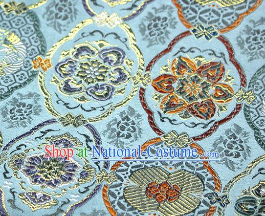 Asian Japanese Kimono Satin Fabric Classical Pattern Design Blue Brocade Damask Traditional Drapery Silk Material