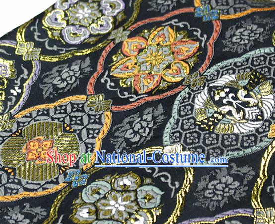 Asian Japanese Kimono Satin Fabric Classical Pattern Design Black Brocade Damask Traditional Drapery Silk Material