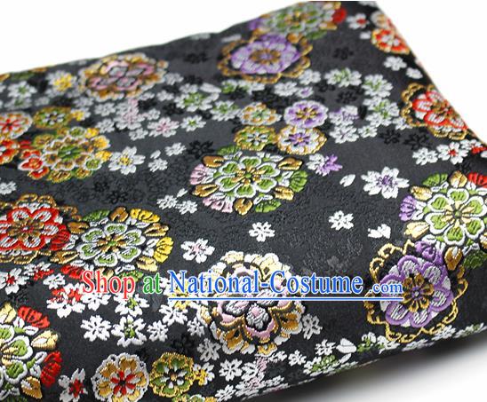 Asian Japanese Kimono Satin Fabric Classical Sakura Pattern Design Black Brocade Damask Traditional Drapery Silk Material