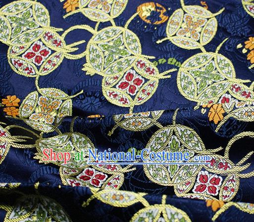 Asian Japanese Kimono Satin Fabric Classical Copper Pattern Design Navy Brocade Damask Traditional Drapery Silk Material