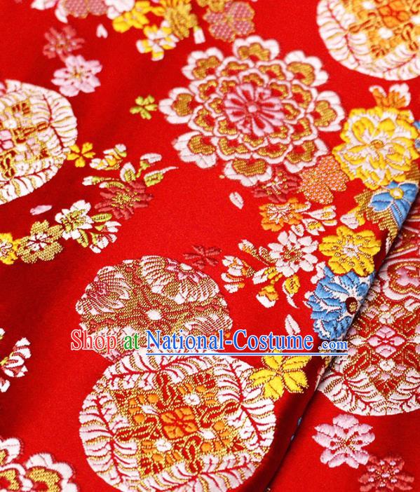 Asian Japanese Kimono Satin Fabric Classical Copper Pattern Design Red Brocade Damask Traditional Drapery Silk Material