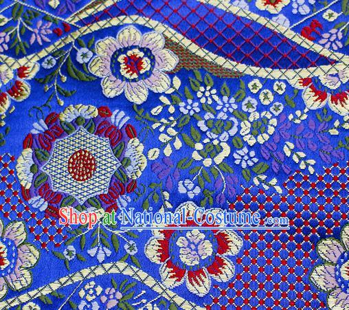 Asian Japanese Classical Flowers Pattern Design Royalblue Brocade Kimono Satin Fabric Damask Traditional Drapery Silk Material