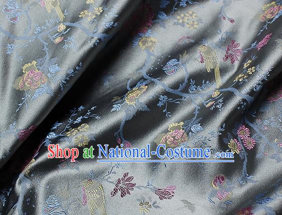 Chinese Classical Flowers Bird Pattern Design Grey Satin Fabric Brocade Asian Traditional Drapery Silk Material