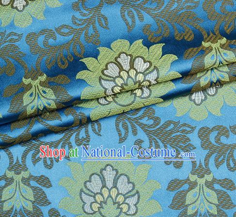 Chinese Classical Lotus Pattern Design Blue Satin Fabric Brocade Asian Traditional Drapery Silk Material