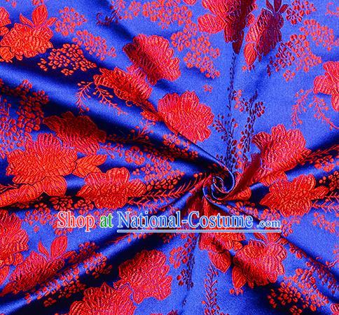 Chinese Classical Peony Pattern Design Royalblue Satin Fabric Brocade Asian Traditional Drapery Silk Material