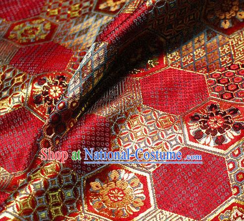 Asian Japanese Classical Tortoise Shell Pattern Design Red Brocade Kimono Satin Fabric Damask Traditional Drapery Silk Material