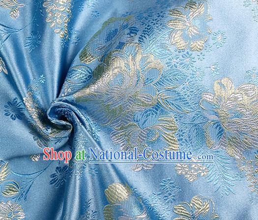 Chinese Classical Peony Pattern Design Blue Satin Fabric Brocade Asian Traditional Drapery Silk Material