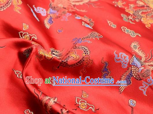 Asian Chinese Classical Dragon Phoenix Pattern Design Red Satin Fabric Brocade Traditional Drapery Silk Material