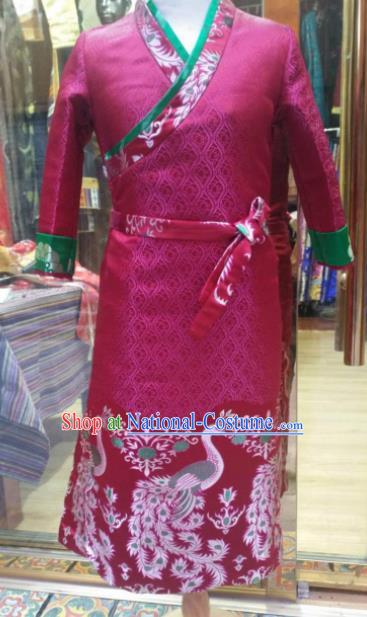 Chinese Traditional Zang Nationality Female Dress Rosy Tibetan Robe Ethnic Dance Costume for Women