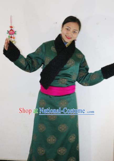 Chinese Traditional Zang Nationality Female Dress Green Tibetan Robe Ethnic Dance Costume for Women