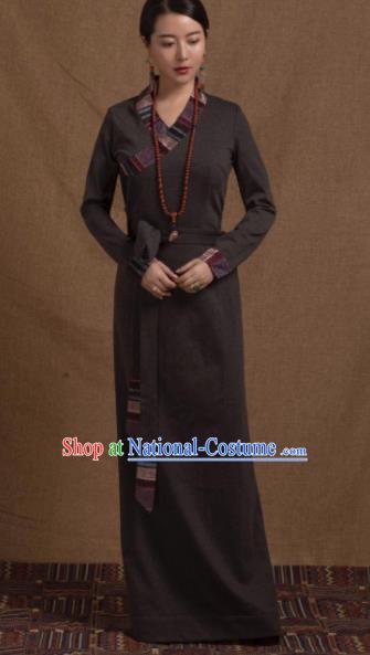 Chinese Traditional Ethnic Tibetan Robe Zang Nationality Female Grey Dress Costume for Women