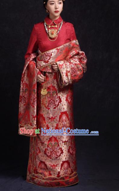 Chinese Traditional Ethnic Bride Red Tibetan Robe Zang Nationality Female Dress Costume for Women