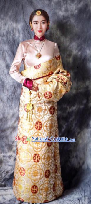 Chinese Traditional Ethnic Bride Golden Tibetan Robe Zang Nationality Female Dress Costume for Women