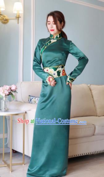 Chinese Traditional Ethnic Bride Tibetan Robe Zang Nationality Female Green Silk Dress Costume for Women