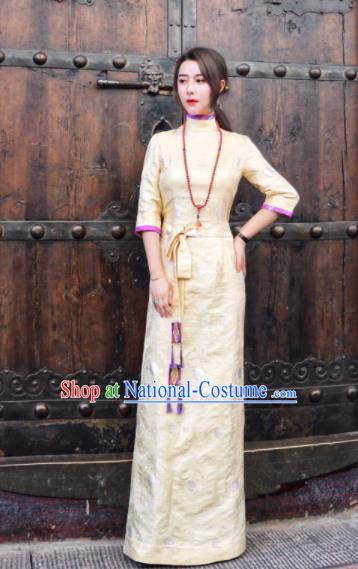 Chinese Traditional Ethnic Bride Tibetan Robe Zang Nationality Female Yellow Silk Dress Costume for Women