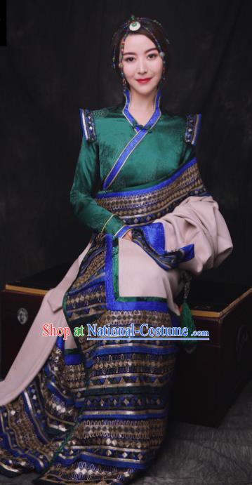 Chinese Traditional Ethnic Bride Royalblue Tibetan Robe Zang Nationality Female Dress Costume for Women