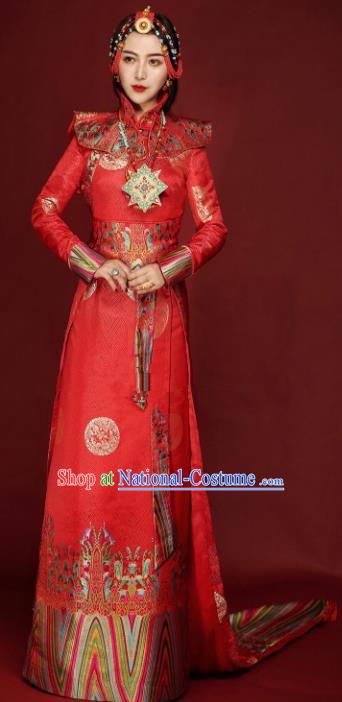 Chinese Traditional Ethnic Bride Tibetan Robe Zang Nationality Female Red Dress Wedding Costume for Women