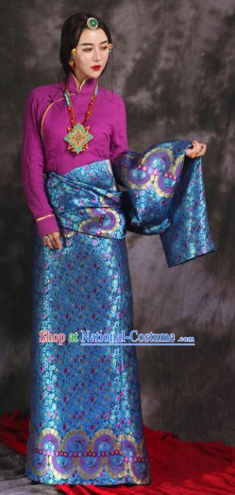 Chinese Traditional Ethnic Bride Blue Tibetan Robe Zang Nationality Female Dress Wedding Costume for Women