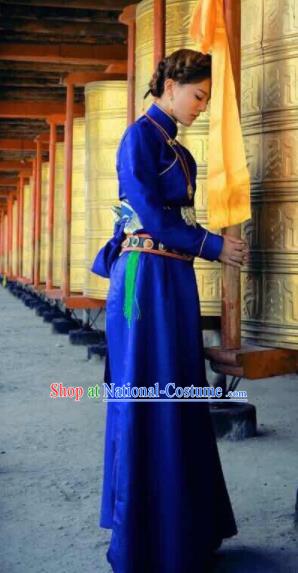 Chinese Traditional Ethnic Bride Royalblue Tibetan Robe Zang Nationality Female Dress Wedding Costume for Women