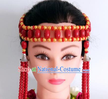 Chinese Traditional Mongol Nationality Red Beads Tassel Hair Clasp Mongolian Ethnic Dance Headband Accessories for Women